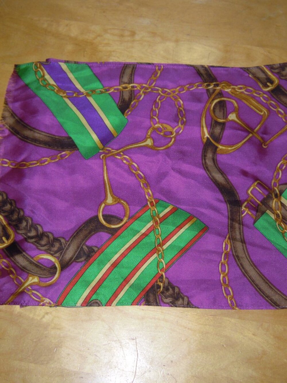 Ralph Lauren Equestrian Long Purple Silk Scarf Horse Bridle Purple Gold